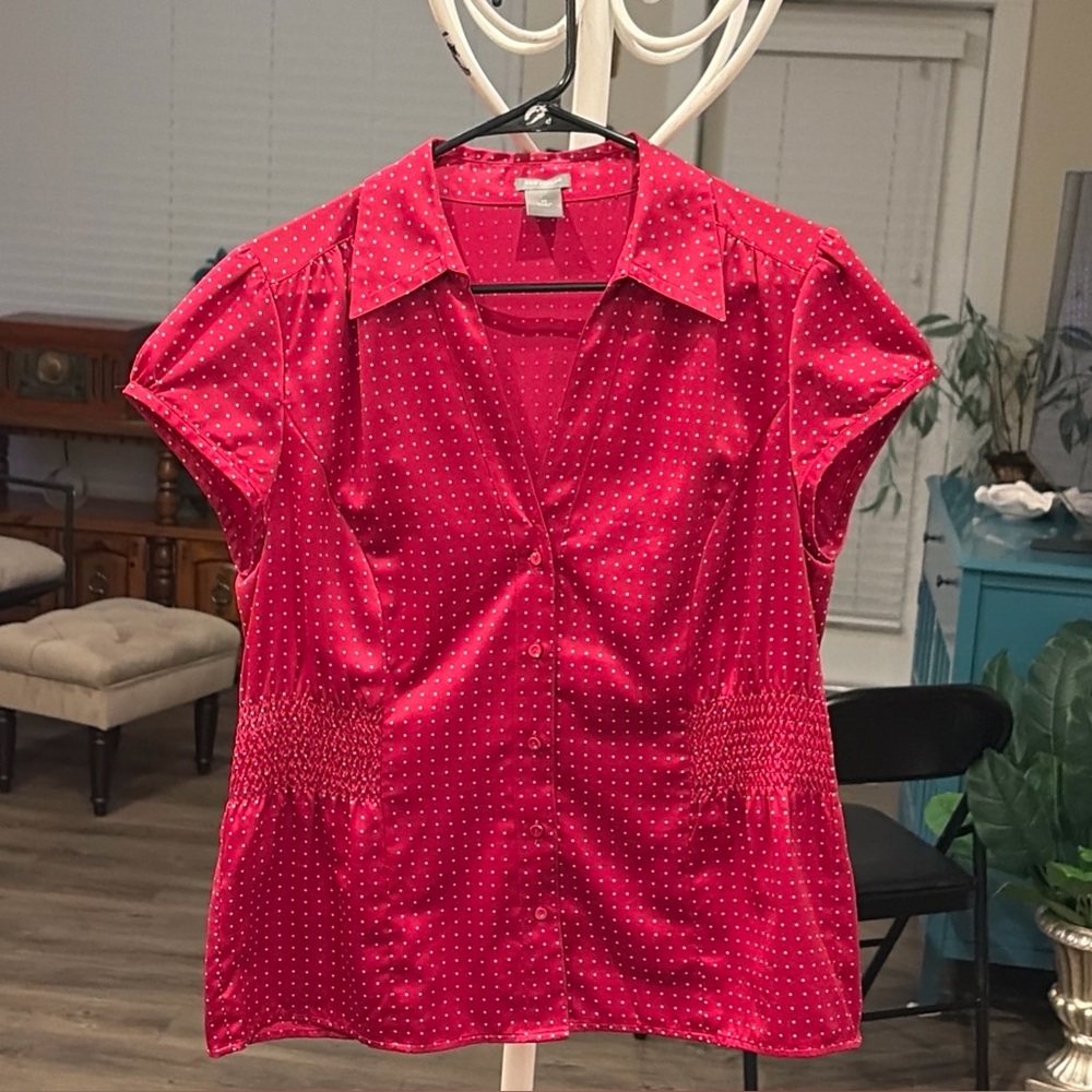 Women’s Burgundy Red White Polka Dot Short Sleeve Elastic Waist Blouse Size L